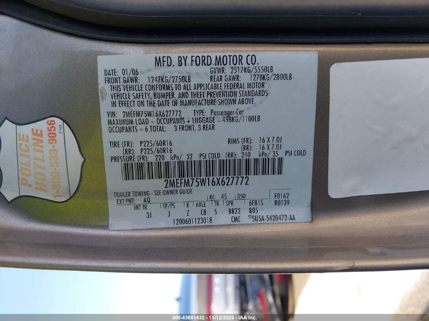2006 Mercury Grand Marquis Ls VIN: 2MEFM75W16X627772 Lot: 43681432