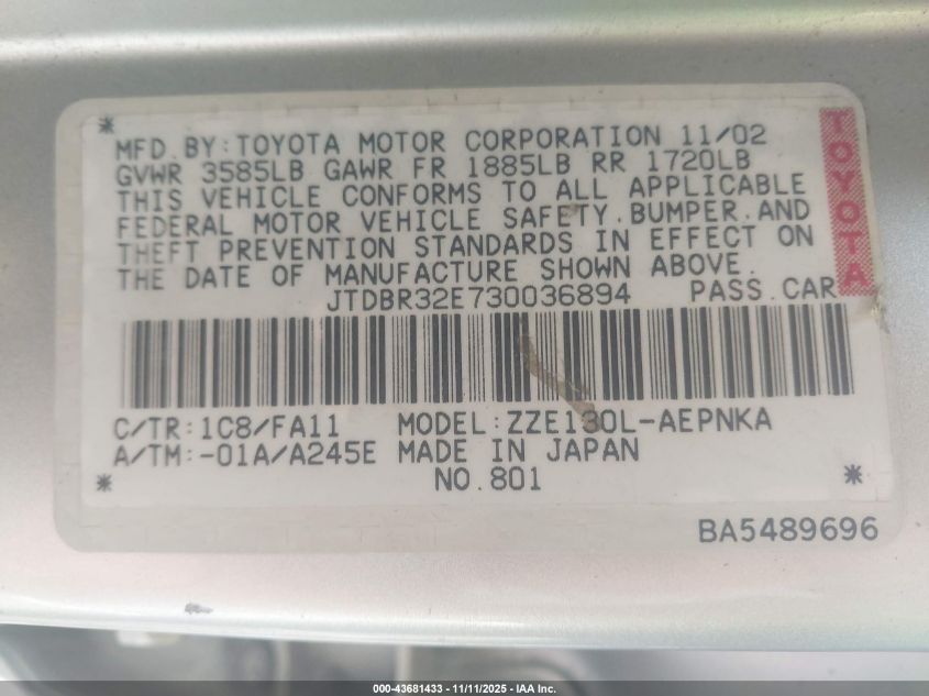 2003 Toyota Corolla Le VIN: JTDBR32E730036894 Lot: 43681433