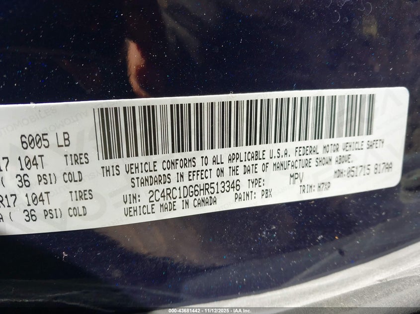 2017 Chrysler Pacifica Touring VIN: 2C4RC1DG6HR513346 Lot: 43681442
