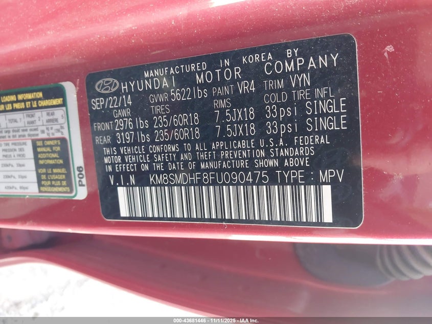 2015 HYUNDAI SANTA FE GLS KM8SMDHF8FU090475