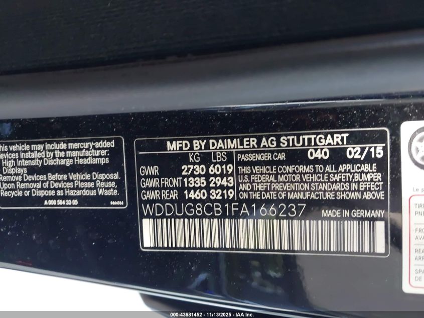 2015 Mercedes-Benz S 550 VIN: WDDUG8CB1FA166237 Lot: 43681452