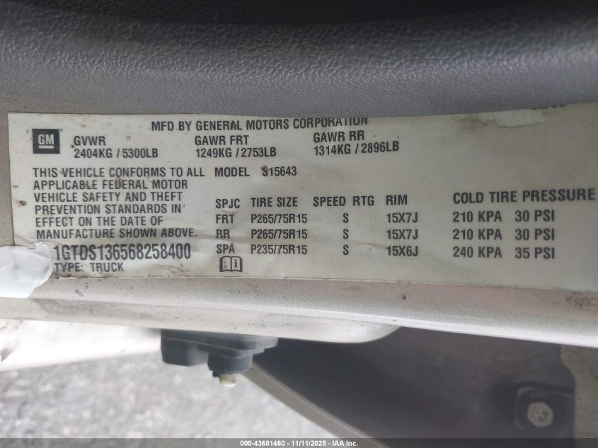 2006 GMC Canyon Sle2 VIN: 1GTDS136568258400 Lot: 43681460