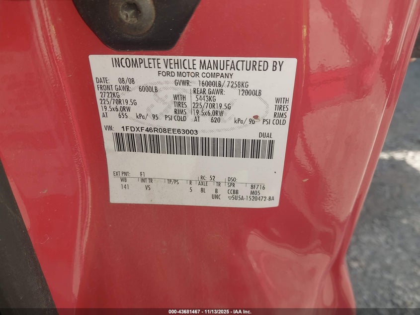 2008 Ford F-450 Chassis Xl/Xlt VIN: 1FDXF46R08EE63003 Lot: 43681467