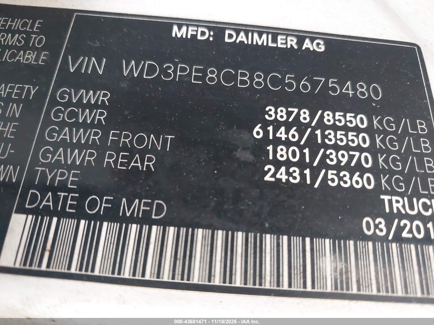 2012 Mercedes-Benz Sprinter 2500 High Roof VIN: WD3PE8CB8C5675480 Lot: 43681471
