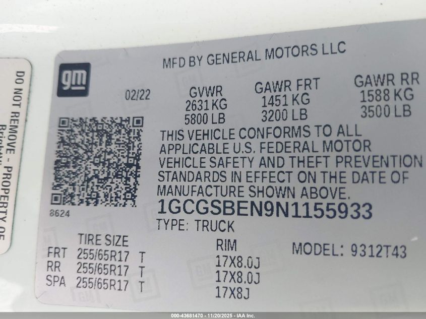 2022 Chevrolet Colorado 2Wd Long Box Wt VIN: 1GCGSBEN9N1155933 Lot: 43681470