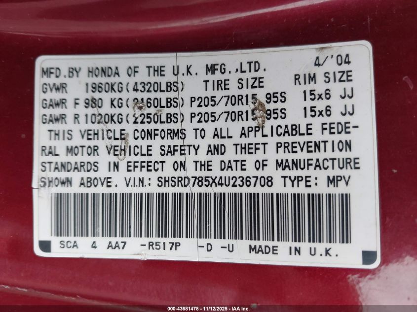 2004 Honda Cr-V Lx VIN: SHSRD785X4U236708 Lot: 43681478