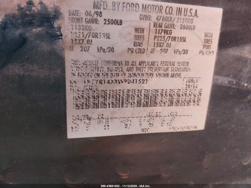 1998 Ford Ranger Splash/Xl/Xlt VIN: 1FTYR14XXWPB41521 Lot: 43681482