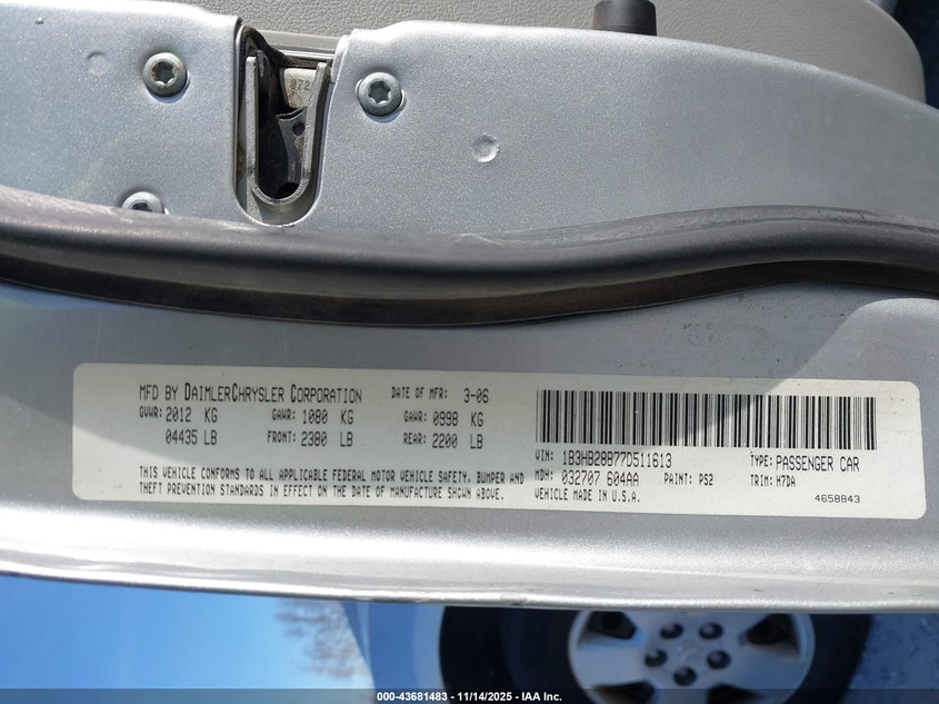 2007 Dodge Caliber VIN: 1B3HB28B77D511613 Lot: 43681483