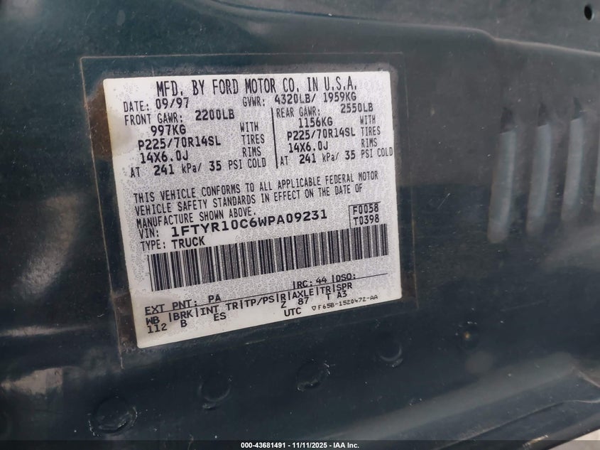 1998 Ford Ranger Splash/Xl/Xlt VIN: 1FTYR10C6WPA09231 Lot: 43681491