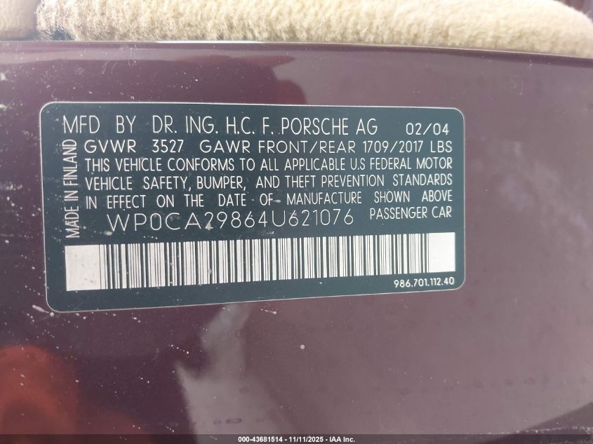 2004 Porsche Boxster VIN: WP0CA29864U621076 Lot: 43681514