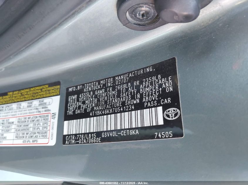 2007 Toyota Camry Se V6 VIN: 4T1BK46K87U541234 Lot: 43681552