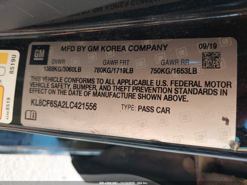 2020 Chevrolet Spark Fwd 2Lt Automatic VIN: KL8CF6SA2LC421556 Lot: 43681567