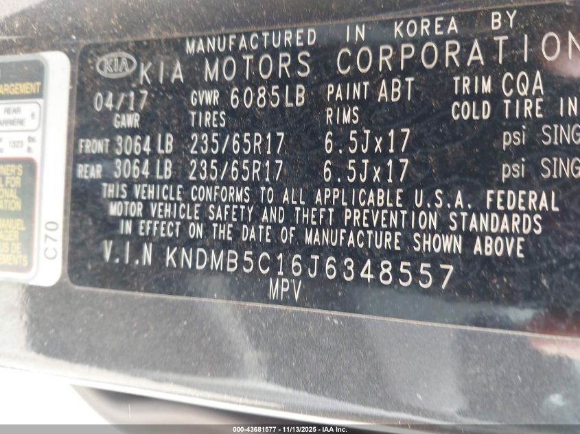 2018 Kia Sedona Lx VIN: KNDMB5C16J6348557 Lot: 43681577