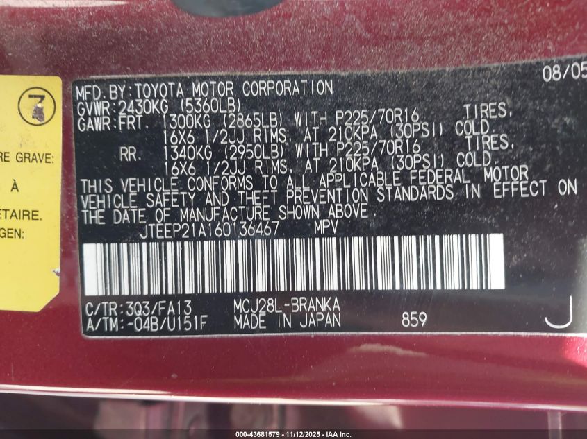 2006 Toyota Highlander V6 VIN: JTEEP21A160136467 Lot: 43681579