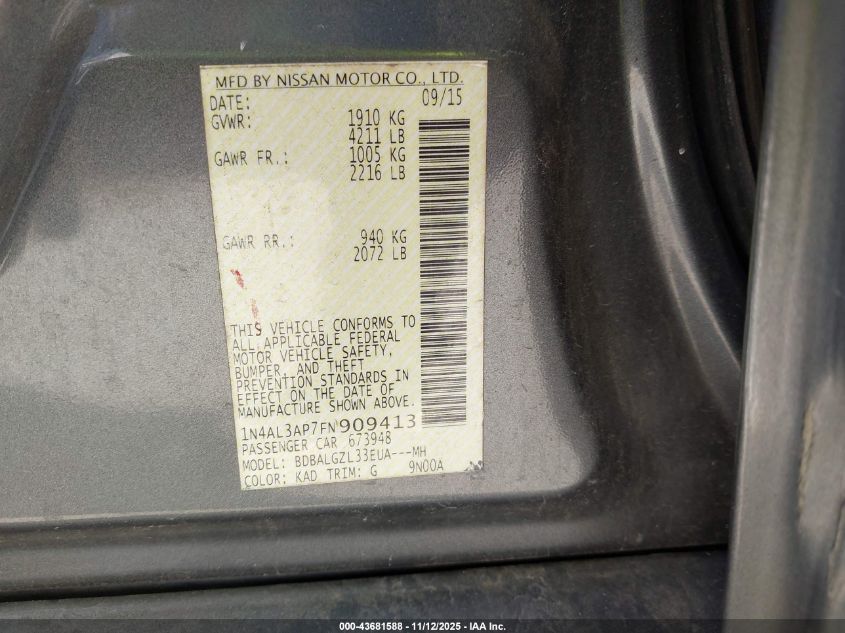 2015 Nissan Altima VIN: 1N4AL3A7FN909413 Lot: 43681588