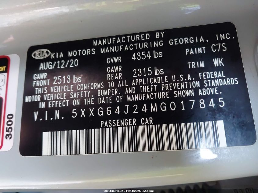 2021 Kia K5 Gt-Line VIN: 5XXG64J24MG017845 Lot: 43681602