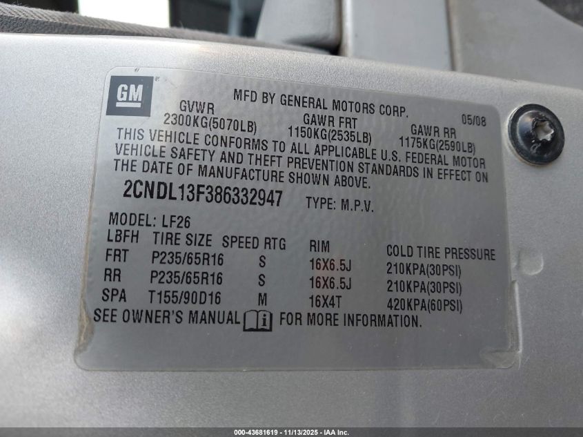 2008 Chevrolet Equinox Ls VIN: 2CNDL13F386332947 Lot: 43681619