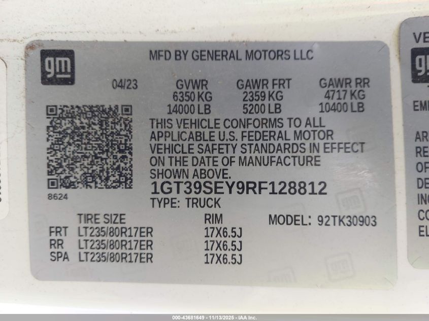 2024 GMC Sierra 3500Hd 4Wd Long Bed Pro VIN: 1GT39SEY9RF128812 Lot: 43681649