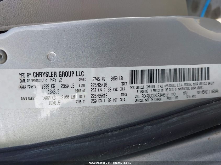 2012 Dodge Grand Caravan Sxt VIN: 2C4RDGCGXCR340912 Lot: 43681697