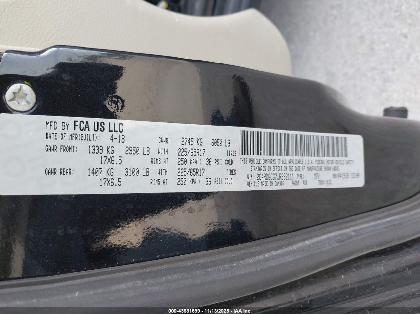 2018 Dodge Grand Caravan Sxt VIN: 2C4RDGCG7JR282111 Lot: 43681699