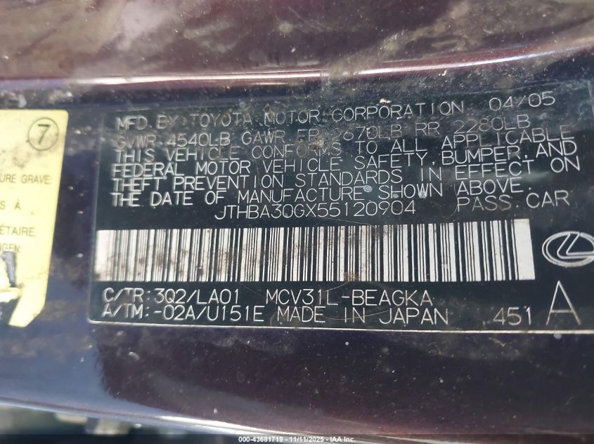 2005 Lexus Es 330 VIN: JTHBA30GX55120904 Lot: 43681719