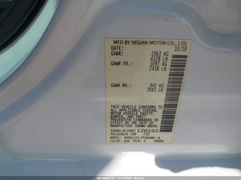 1N4BL4CV6KC120102 2019 NISSAN ALTIMA photo no. 9