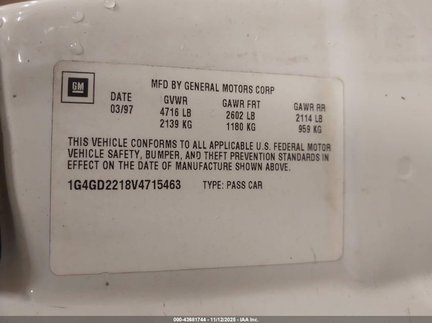 1997 Buick Riviera VIN: 1G4GD2218V4715463 Lot: 43681744