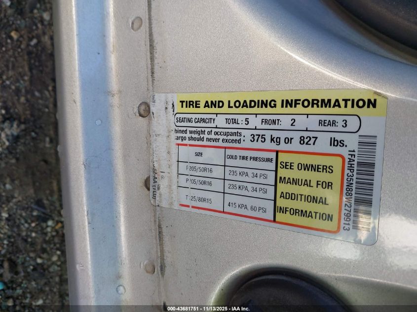 2008 Ford Focus Se/Ses VIN: 1FAHP35N88W279913 Lot: 43681751