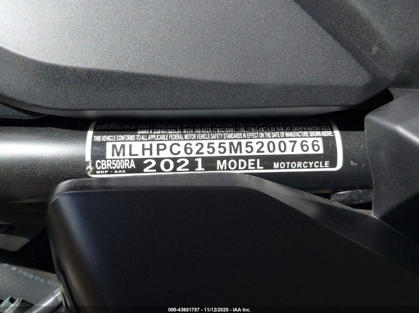 2021 Honda Cbr500 Ra VIN: MLHPC6255M5200766 Lot: 43681757