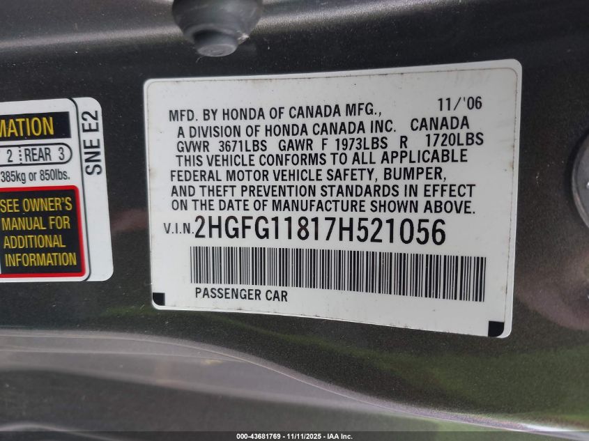 2007 Honda Civic Ex VIN: 2HGFG11817H521056 Lot: 43681769