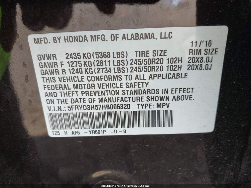 2017 Acura Mdx Technology Package VIN: 5FRYD3H57HB006320 Lot: 43681773