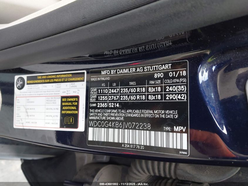 2018 Mercedes-Benz Glc 300 4Matic VIN: WDC0G4KB6JV072238 Lot: 43681802