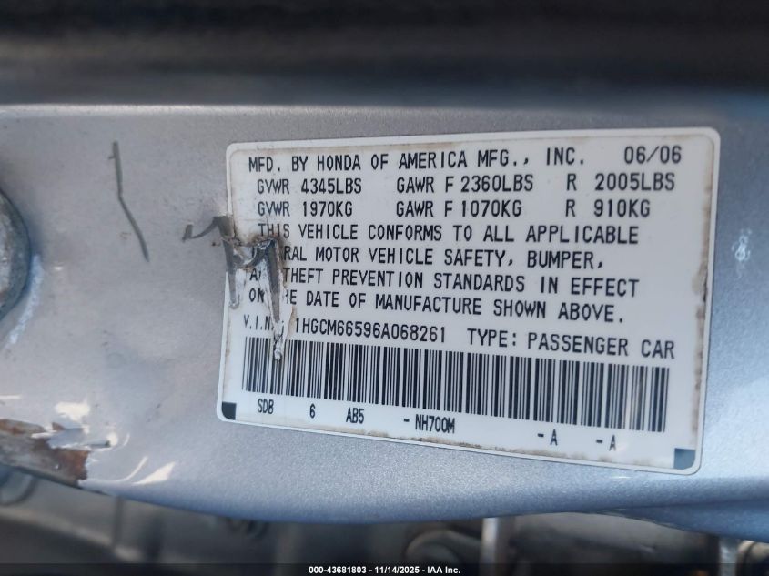 2006 Honda Accord 3.0 Ex VIN: 1HGCM66596A068261 Lot: 43681803