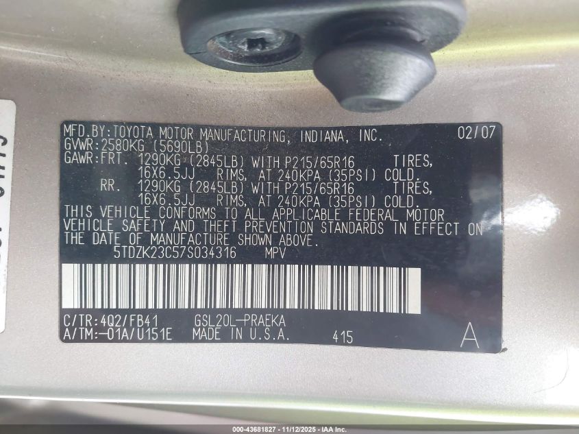 2007 Toyota Sienna Ce VIN: 5TDZK23C57S034316 Lot: 43681827