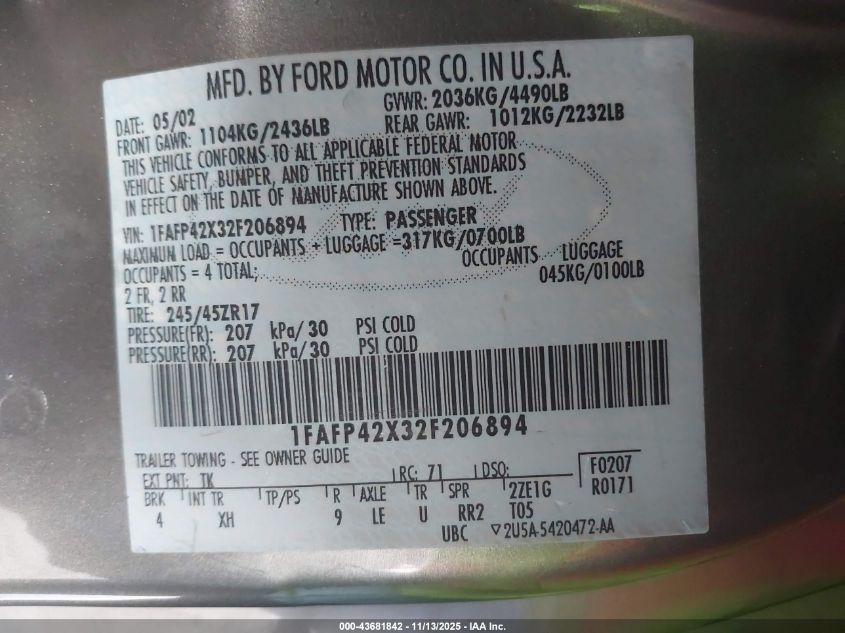 2002 Ford Mustang Gt VIN: 1FAFP42X32F206894 Lot: 43681842