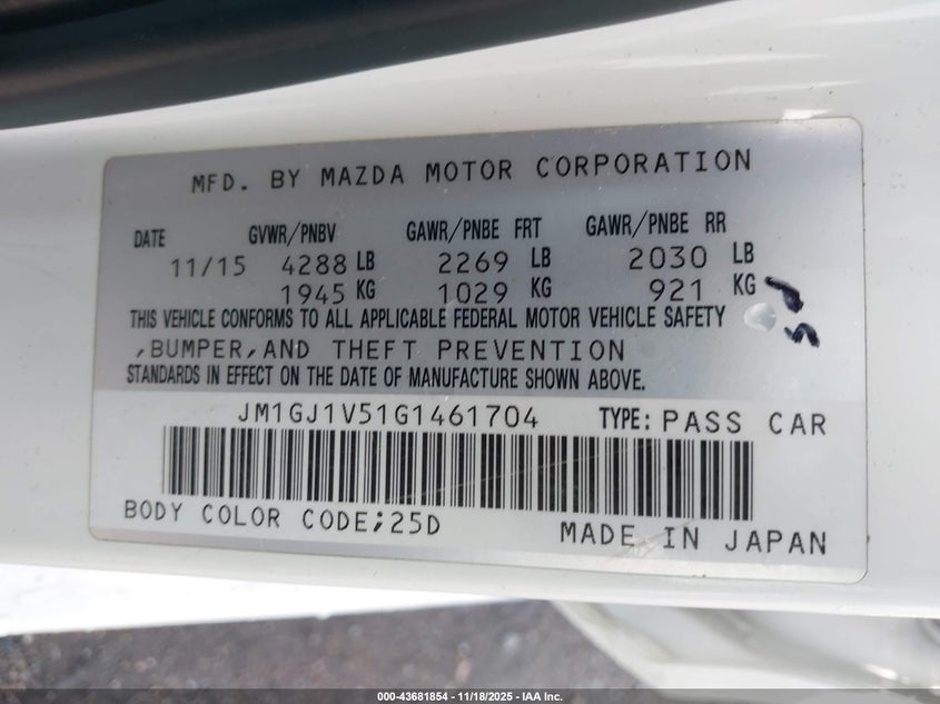 2016 Mazda Mazda6 I Touring VIN: JM1GJ1V51G1461704 Lot: 43681854