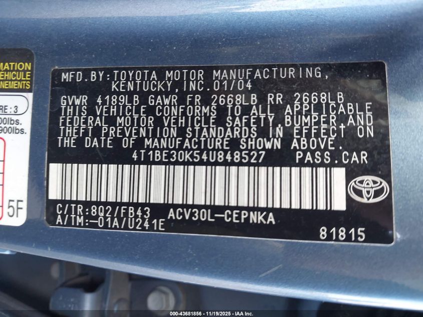 2004 Toyota Camry Le VIN: 4T1BE30K54U848527 Lot: 43681856
