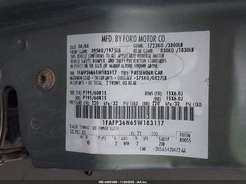 2005 Ford Focus Zxw VIN: 1FAFP36N65W183117 Lot: 43681866