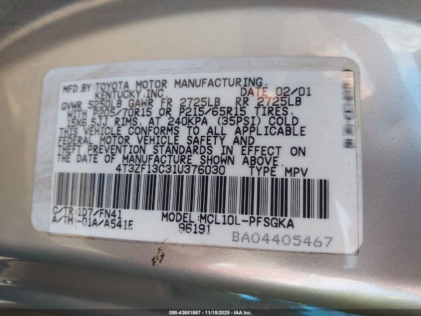 2001 Toyota Sienna Le VIN: 4T3ZF13C31U376030 Lot: 43681867