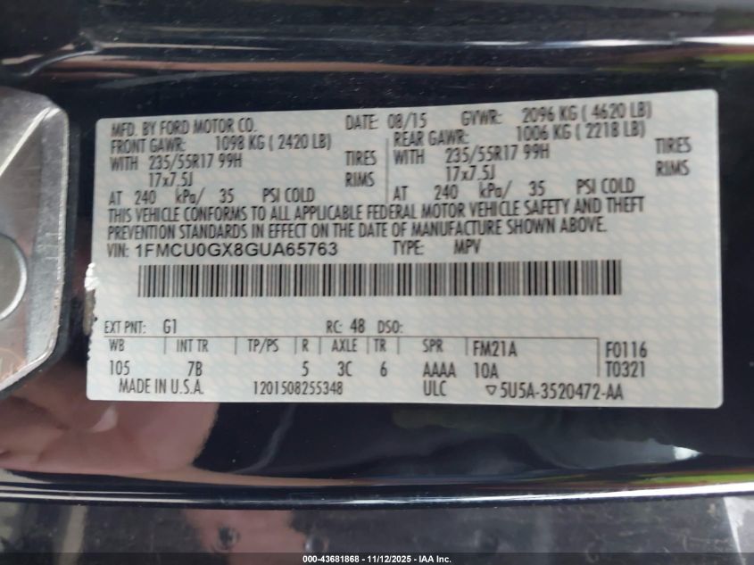 2016 Ford Escape Se VIN: 1FMCU0GX8GUA65763 Lot: 43681868