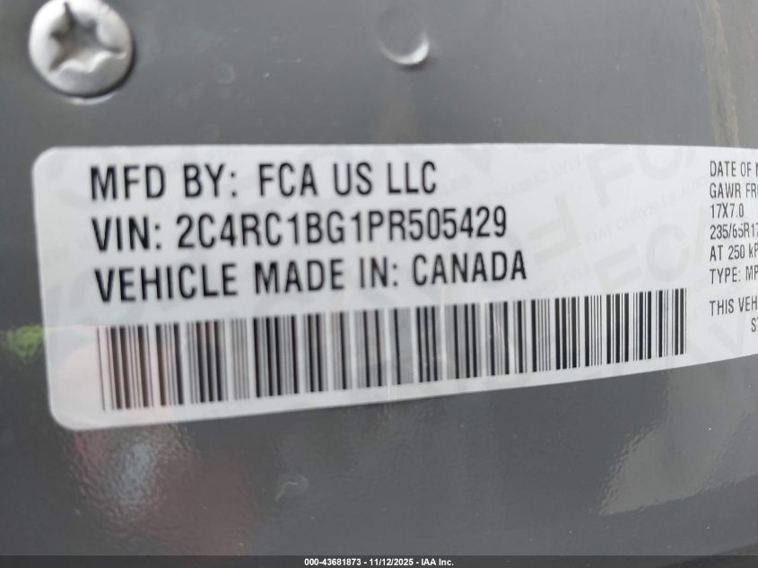 2023 Chrysler Pacifica Touring L VIN: 2C4RC1BG1PR505429 Lot: 43681873