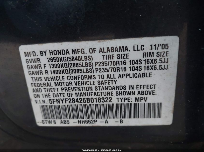 2006 Honda Pilot Ex VIN: 5FNYF28426B018322 Lot: 43681886