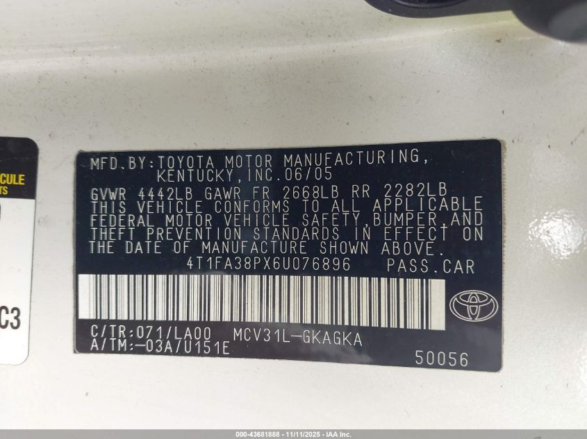 2006 Toyota Camry Solara Sle VIN: 4T1FA38PX6U076896 Lot: 43681888