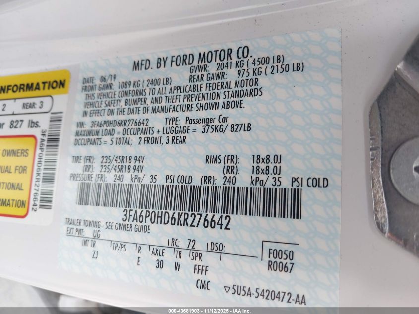 2019 Ford Fusion Se VIN: 3FA6P0HD6KR276642 Lot: 43681903