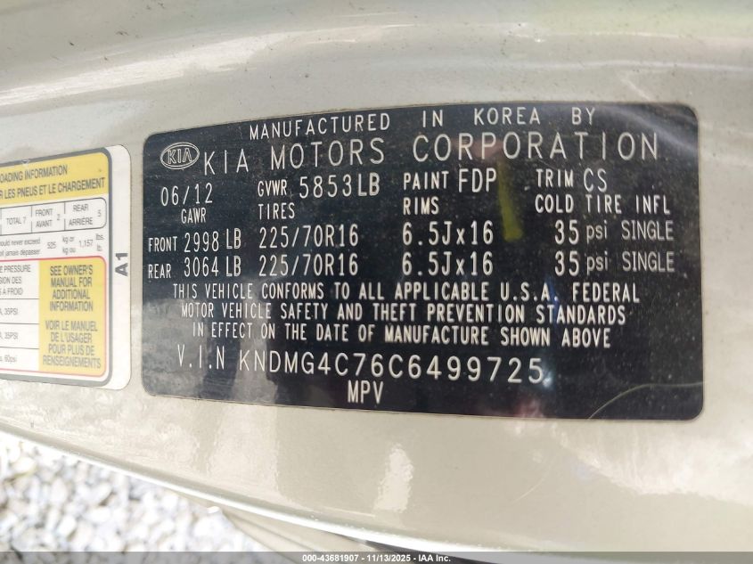 2012 Kia Sedona Lx VIN: KNDMG4C76C6499725 Lot: 43681907