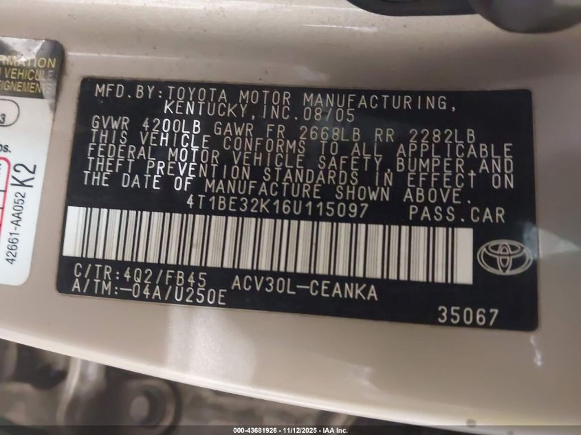 2006 Toyota Camry Le VIN: 4T1BE32K16U115097 Lot: 43681926