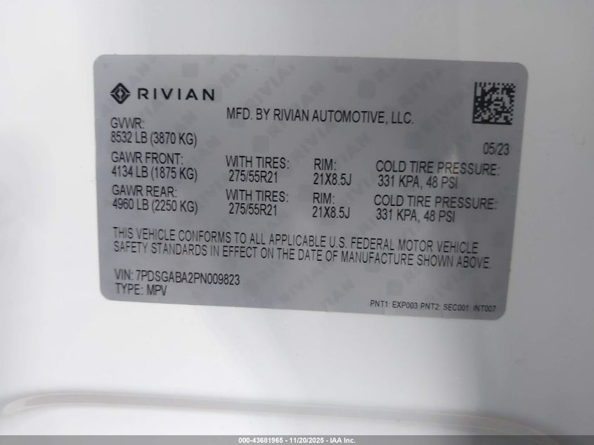 2023 Rivian R1S Adventure VIN: 7PDSGABA2PN009823 Lot: 43681965