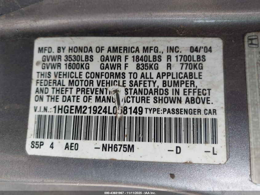 2004 Honda Civic Ex VIN: 1HGEM21924L058149 Lot: 43681967