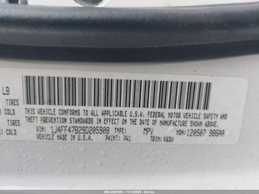 2009 Jeep Compass Sport VIN: 1J4FF47B29D205908 Lot: 43681981