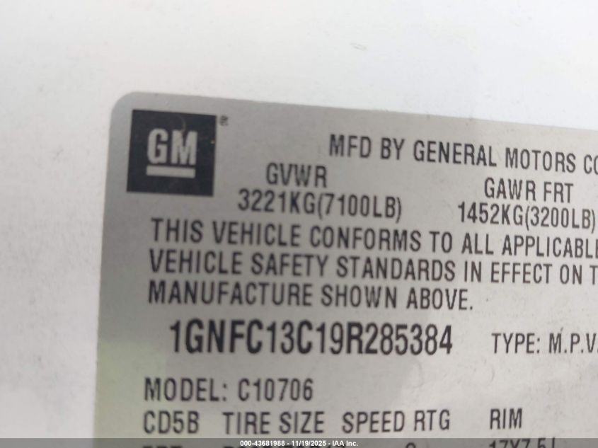 2009 Chevrolet Tahoe Ls VIN: 1GNFC13C19R285384 Lot: 43681988